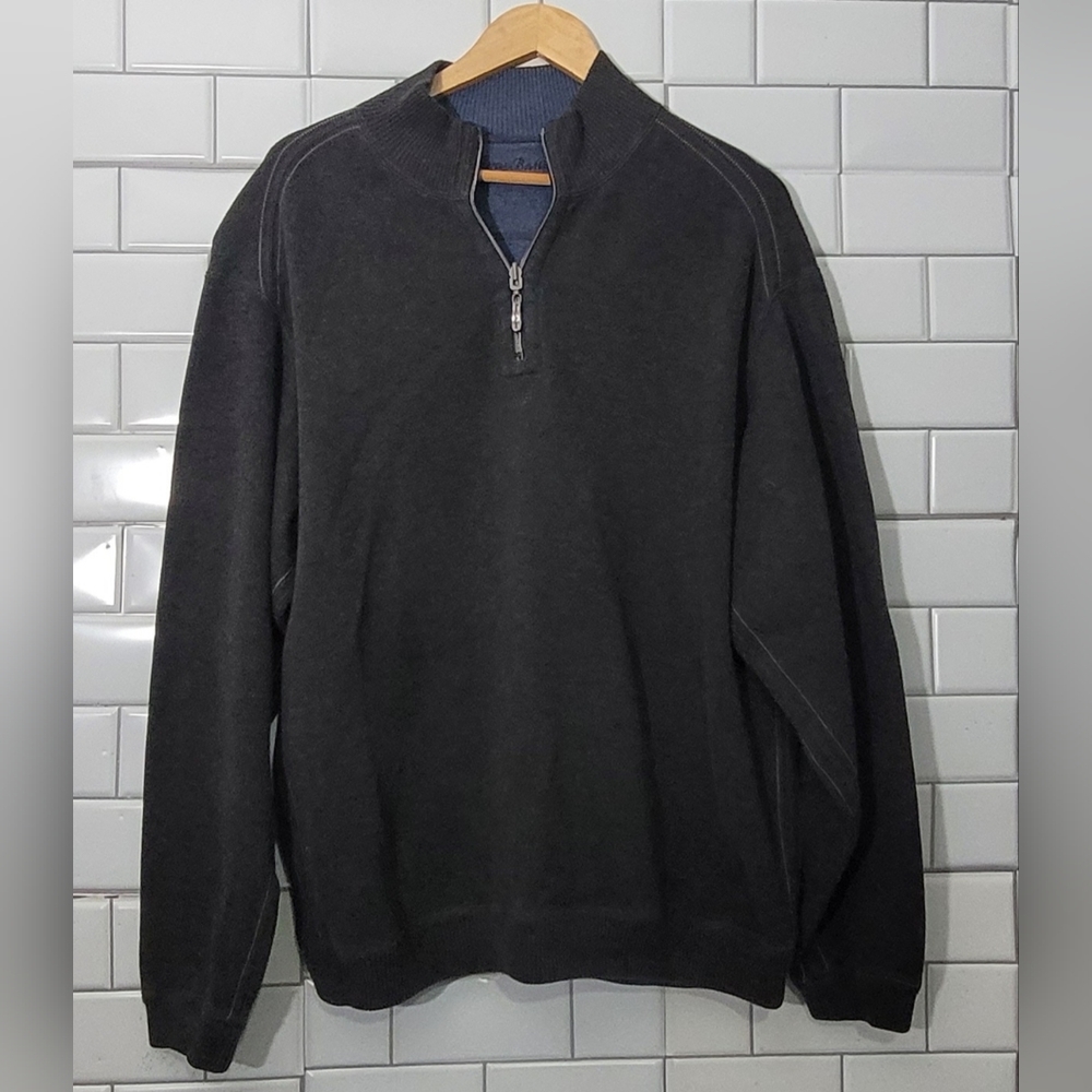 TOMMY BAHAMA Reversible Half Zip Sweater 100% Cotton Color(s) Dark Gray | Blue 